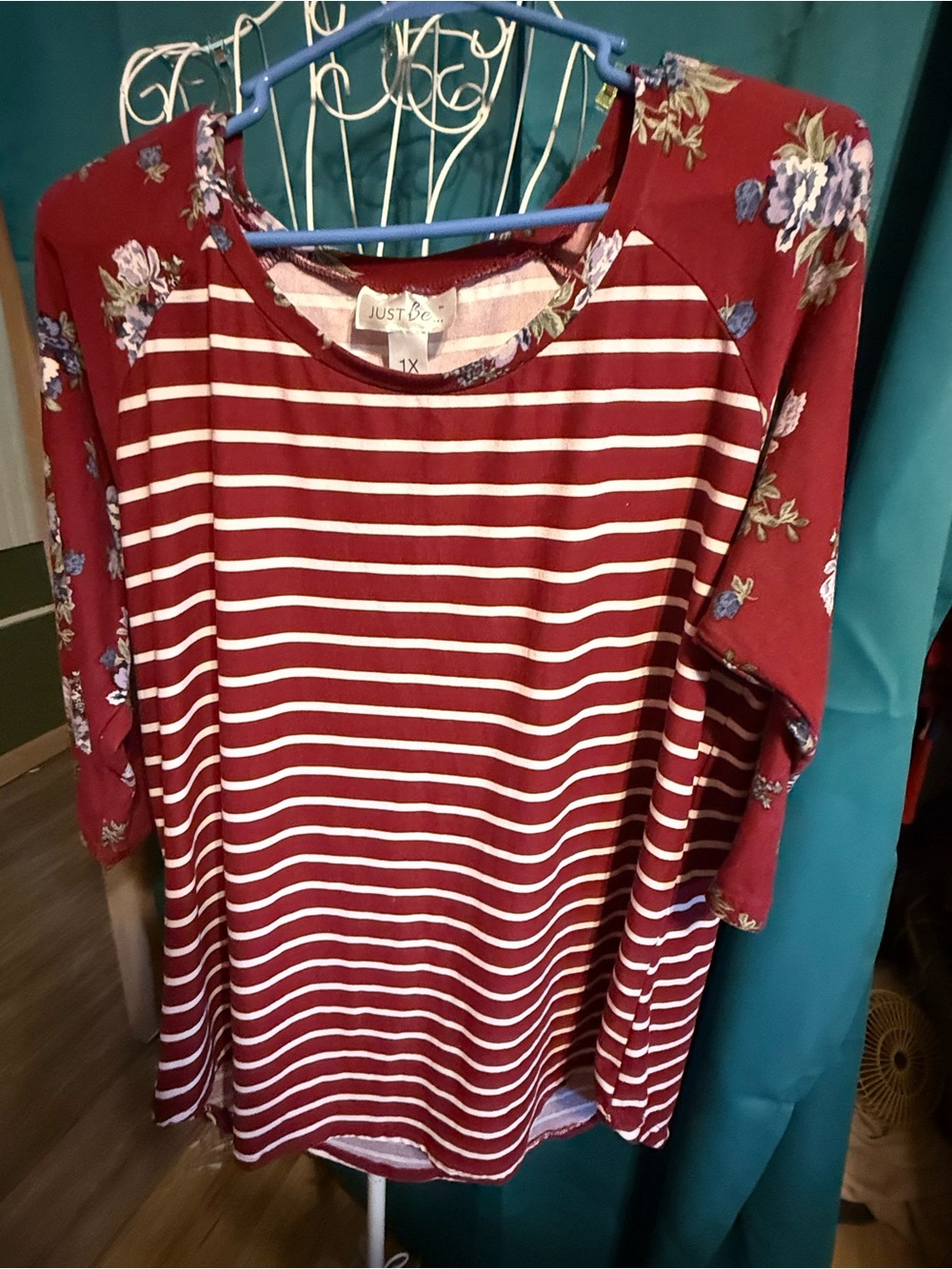 just be Burgundy Striped Tee with Floral Raglan Sleeves